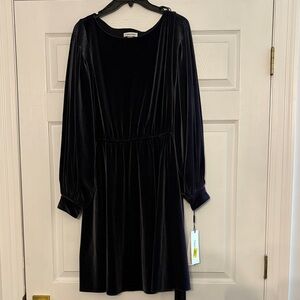 Calvin Klein Black Velvet Long Sleeve Dress with Gathered Waist